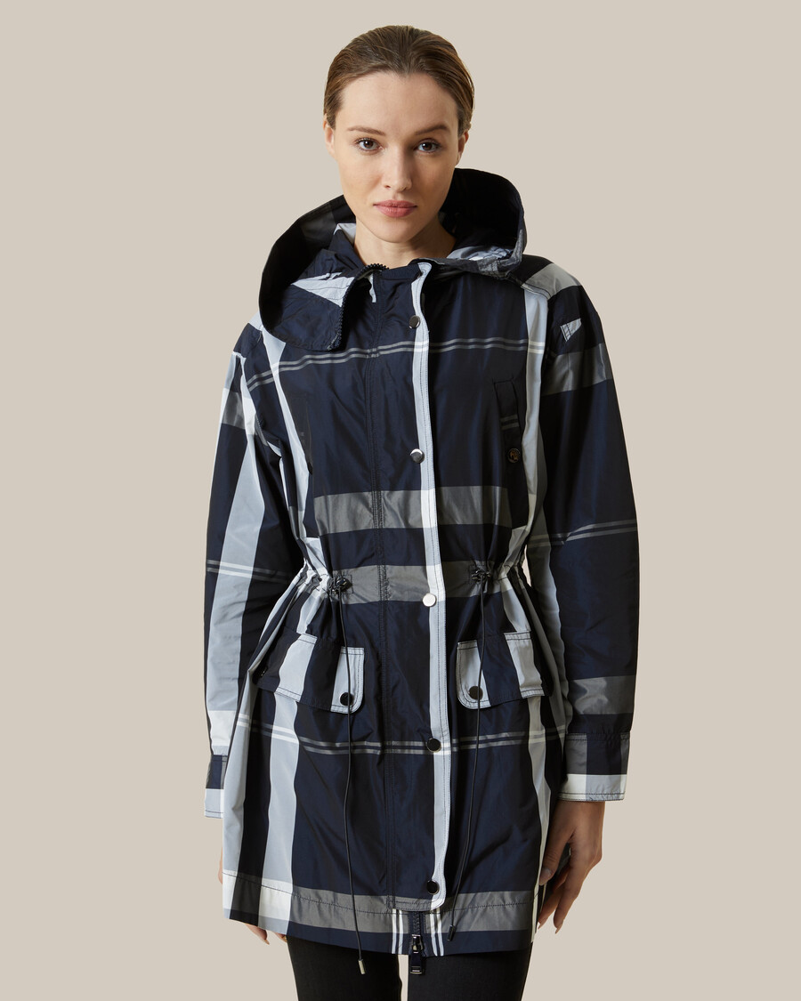 plaid patterned raincoat