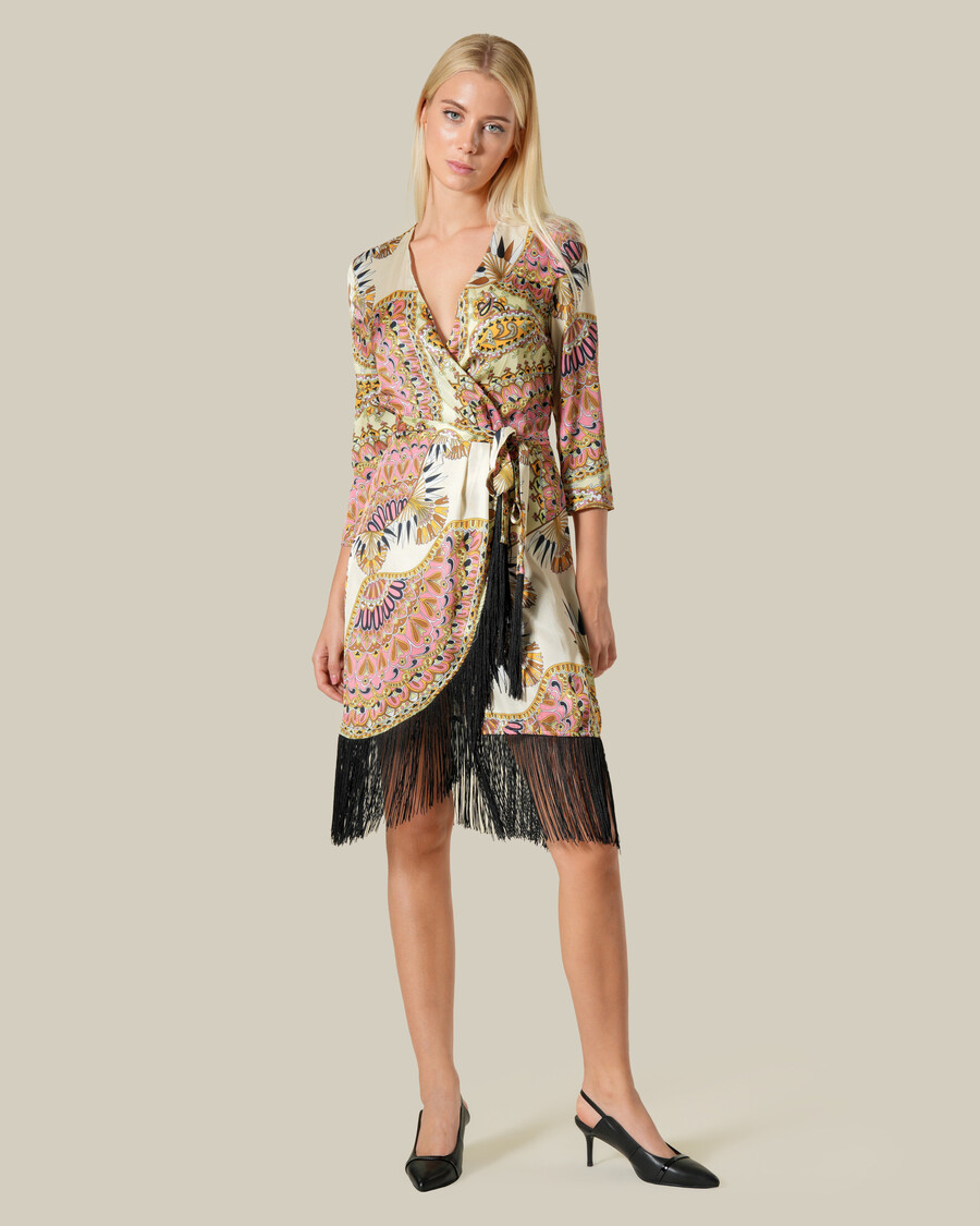 fringed paisley print wrap dress